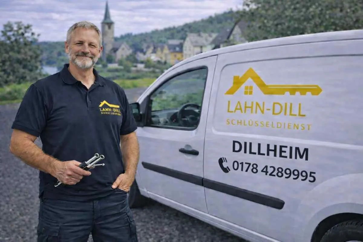 Monteur vom Schlüsseldienst Dillheim steht mit Schlüsselwerkzeug vor Servicefahrzeug