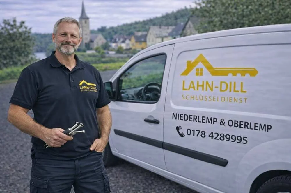 Mobiler Schlüsseldienst in Niederlemp und Oberlemp – Monteur mit Werkzeug vor Einsatzfahrzeug im Lahn-Dill-Kreis