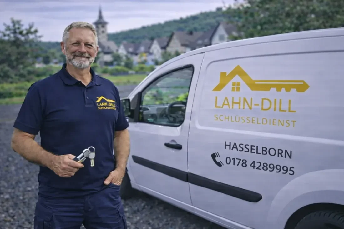 Schlüsseldienst Monteur in Hasselborn mit Servicefahrzeug und Schlüssel in der Hand
