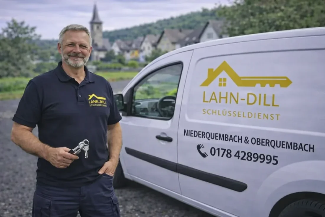 Schlüsseldienst-Monteur in Niederquembach und Oberquembach mit Schlüssel vor Servicefahrzeug