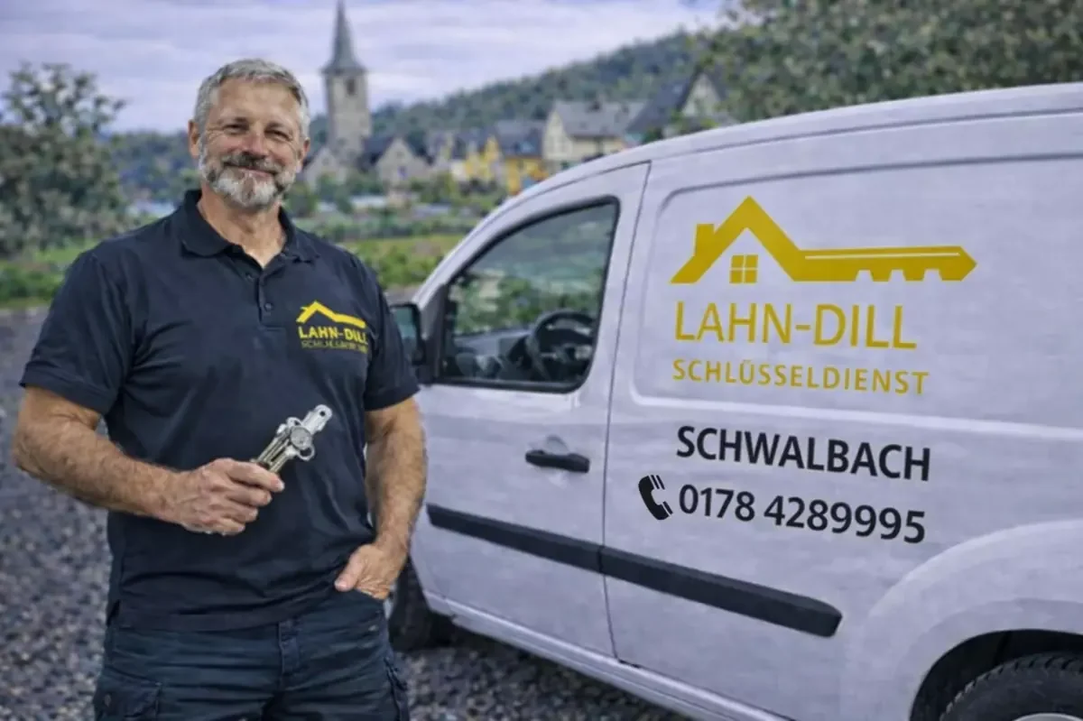 Monteur vom LDK Schlüsseldienst in Schwalbach steht mit Schlüssel in der Hand vor dem Servicefahrzeug