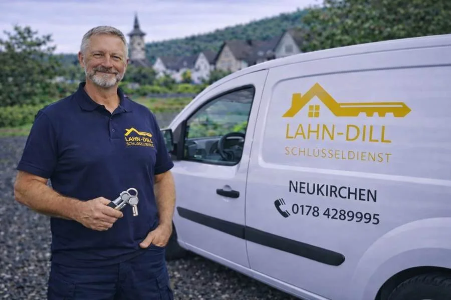 Schlüsseldienst Monteur in Neukirchen mit Servicefahrzeug und Schlüssel in der Hand vor Ort im Einsatz