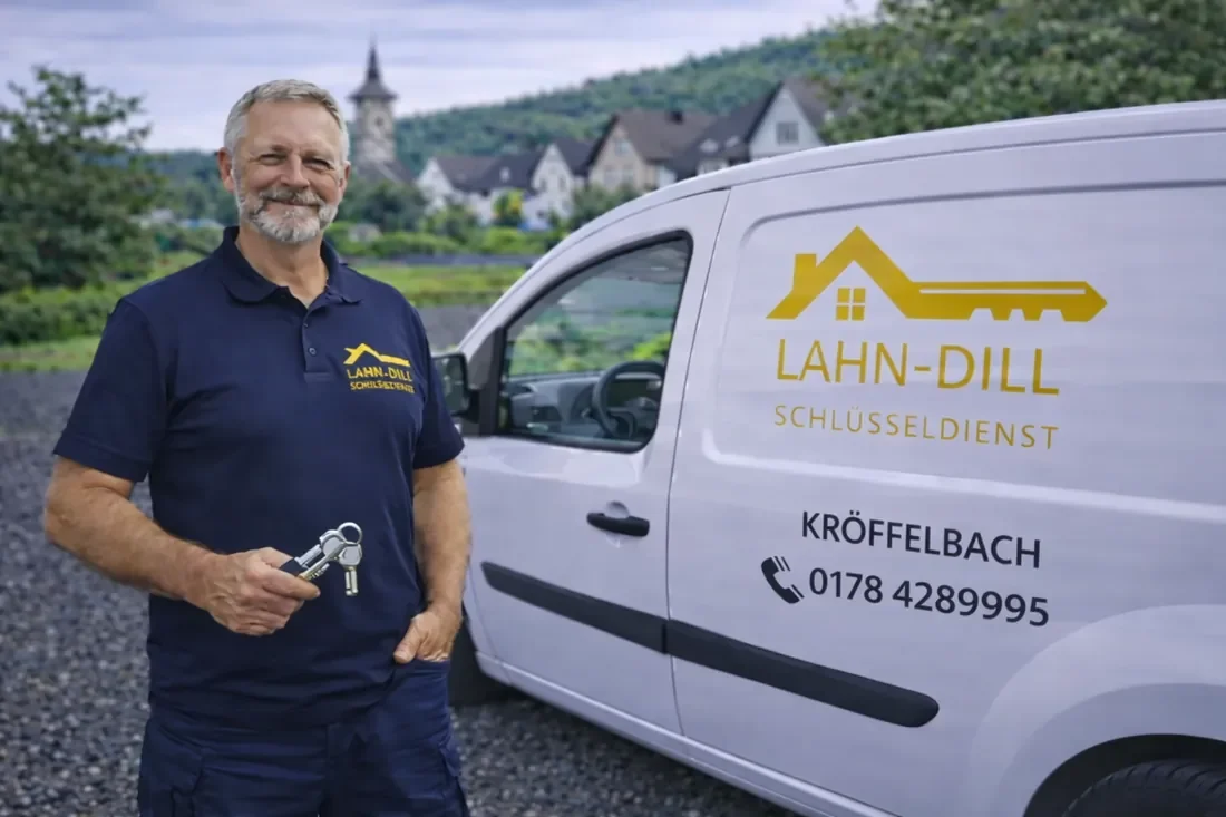 Schlüsseldienst-Monteur in Kröffelbach mit Schlüssel vor Servicefahrzeug