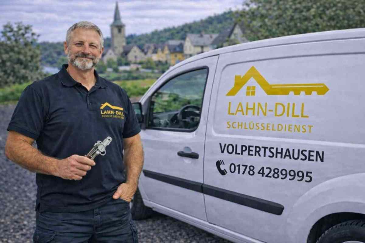 Monteur vom LDK Schlüsseldienst vor Einsatzfahrzeug in Volpertshausen mit Schlüssel in der Hand