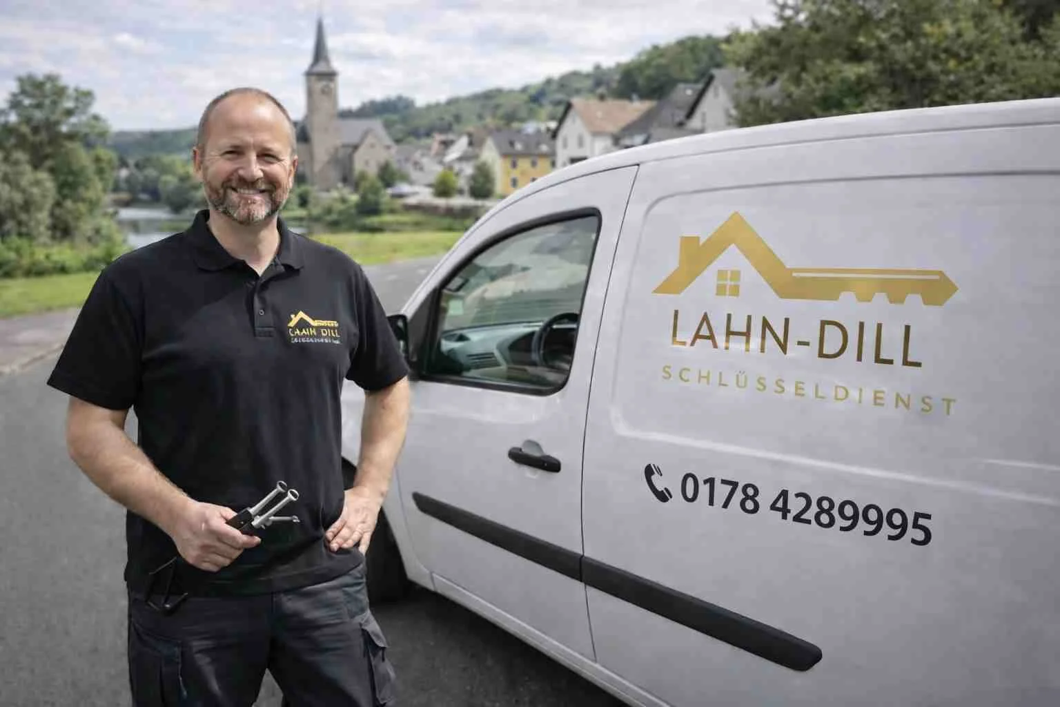Monteuer des LDK Schlüsseldienst Naunheim steht vor Einsatzfahrzeug mit Firmenlogo und Werkzeug – mobiler Schlüsselnotdienst im Lahn-Dill-Kreis