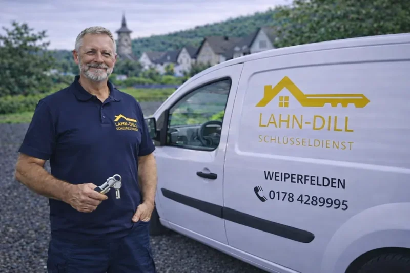 Schlüsseldienst Monteur in Weiperfelden mit Servicefahrzeug und Schlüssel in der Hand