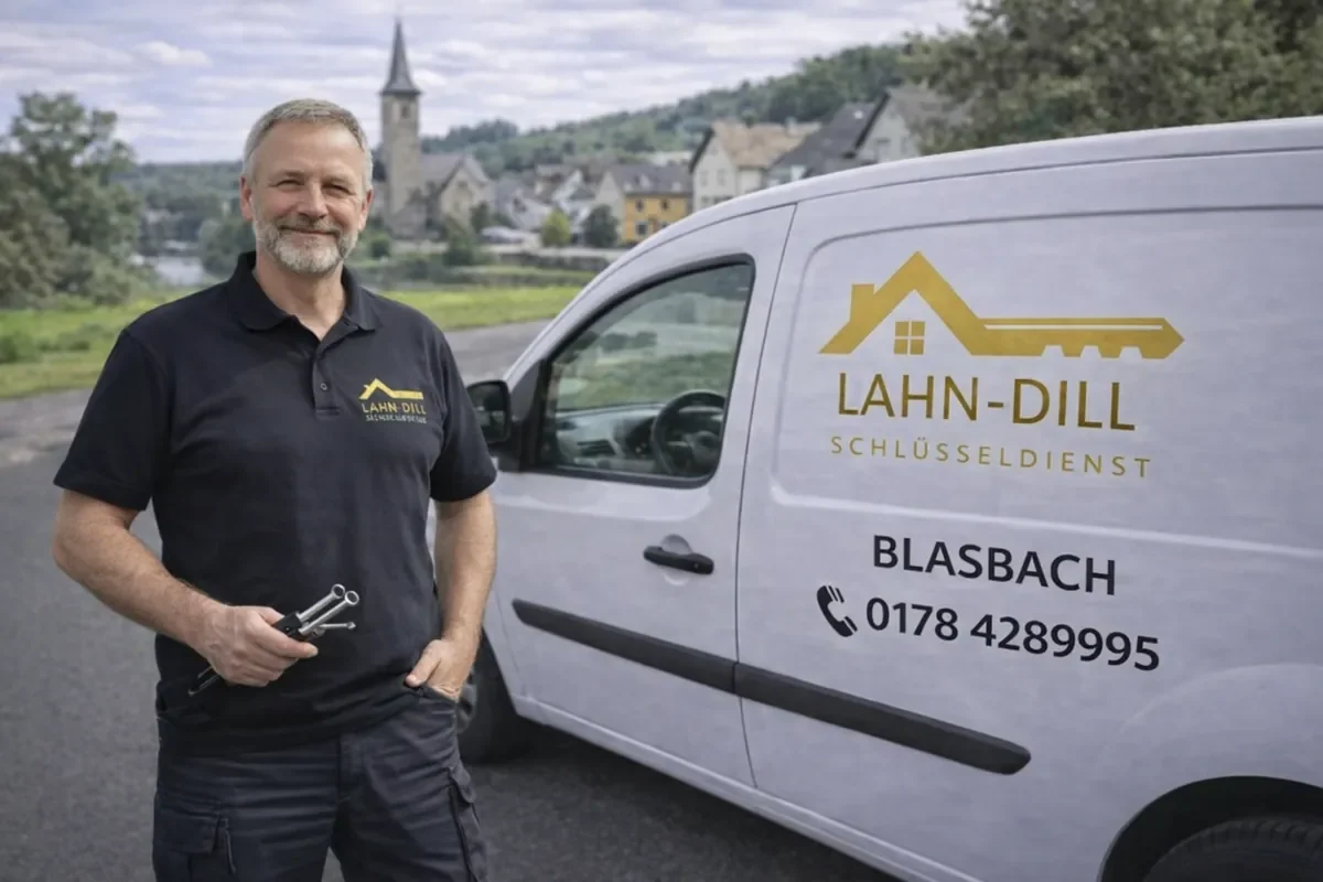 Professioneller Schlüsseldienst-Monteur in Blasbach vor Einsatzfahrzeug
