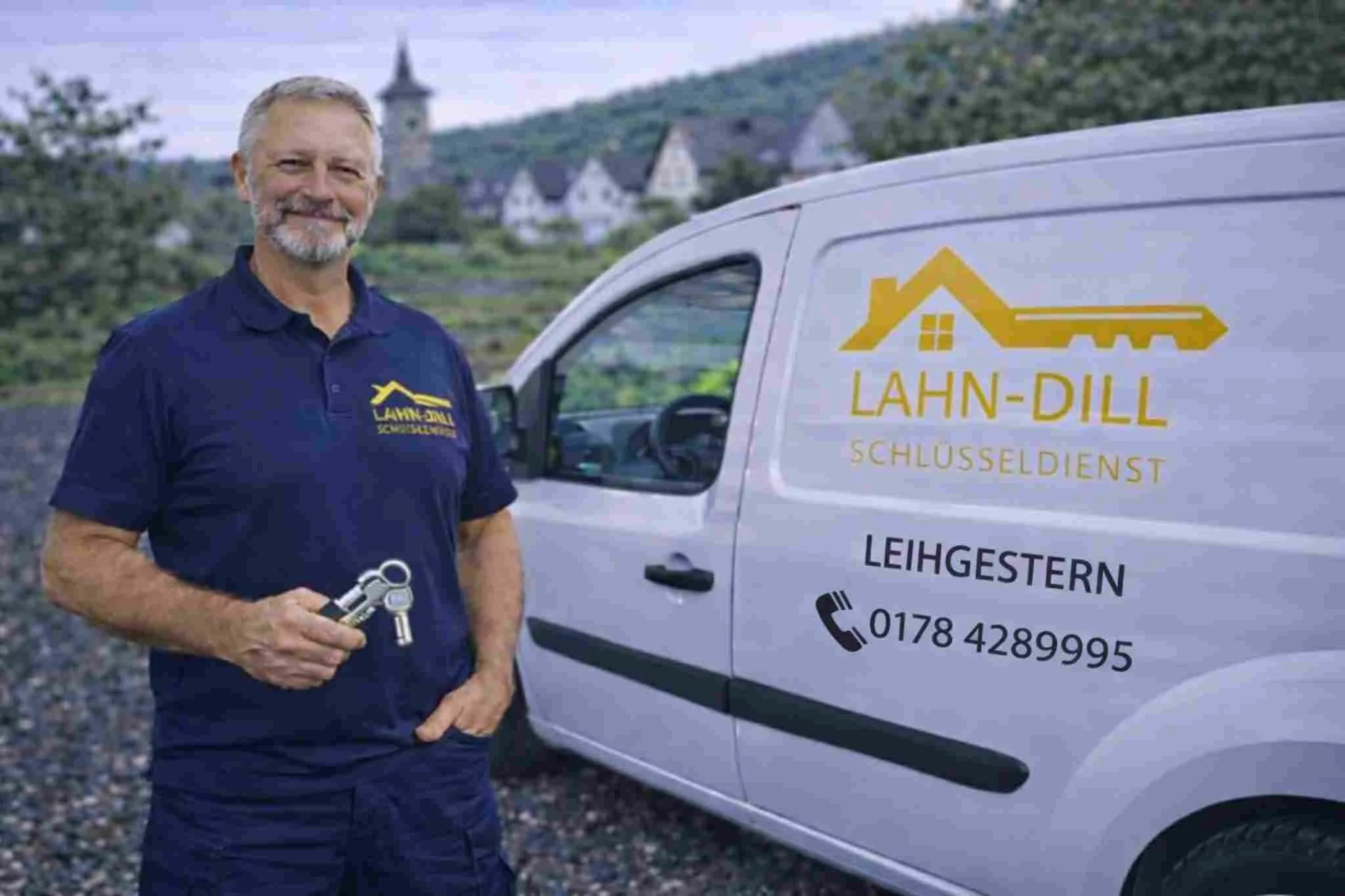 Schlüsselservice Leihgestern – professioneller Monteur mit Schlüsselbund vor Servicefahrzeug im Lahn-Dill-Kreis