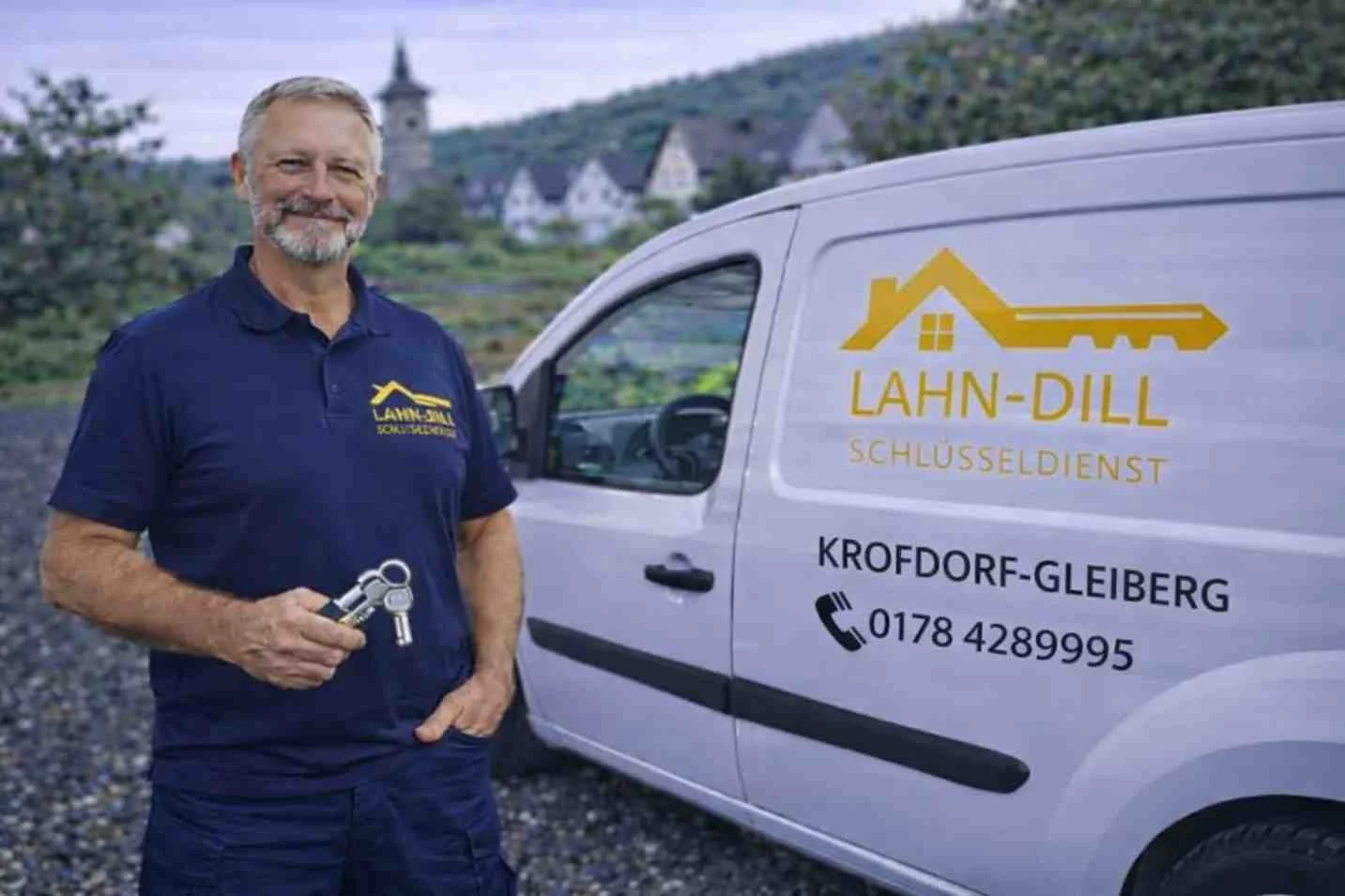 Monteur vom Schlüsseldienst Krofdorf-Gleiberg steht mit Schlüsseln neben Servicefahrzeug vor Ort