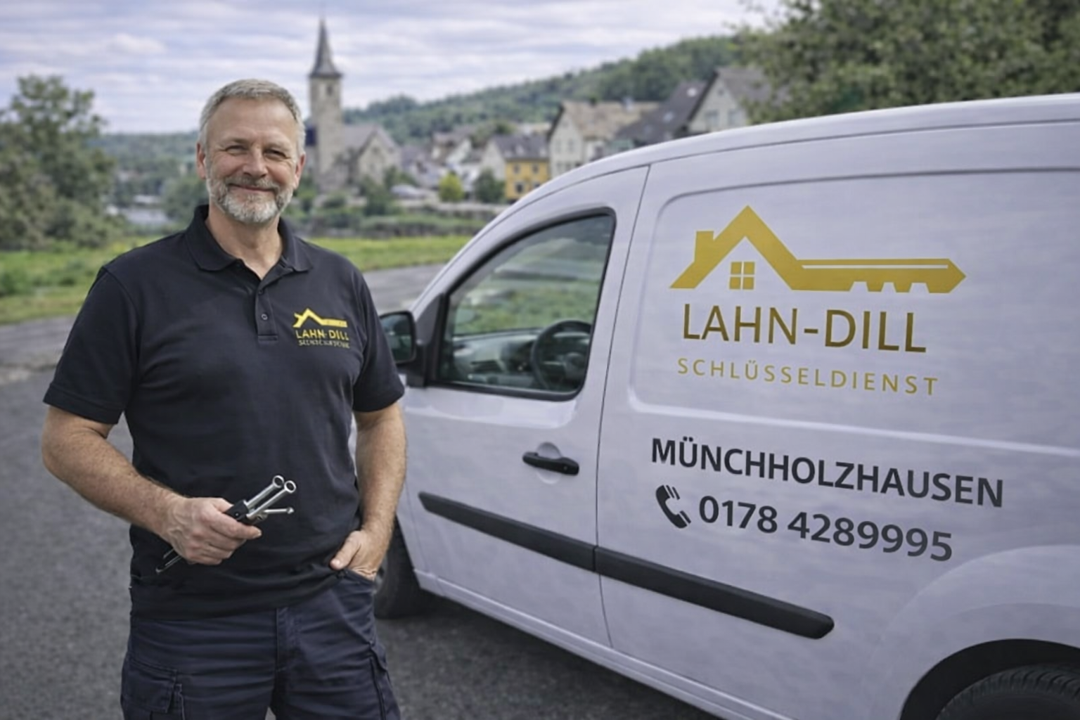 Schlüsseldienst Monteur in Münchholzhausen mit Einsatzfahrzeug und Werkzeug