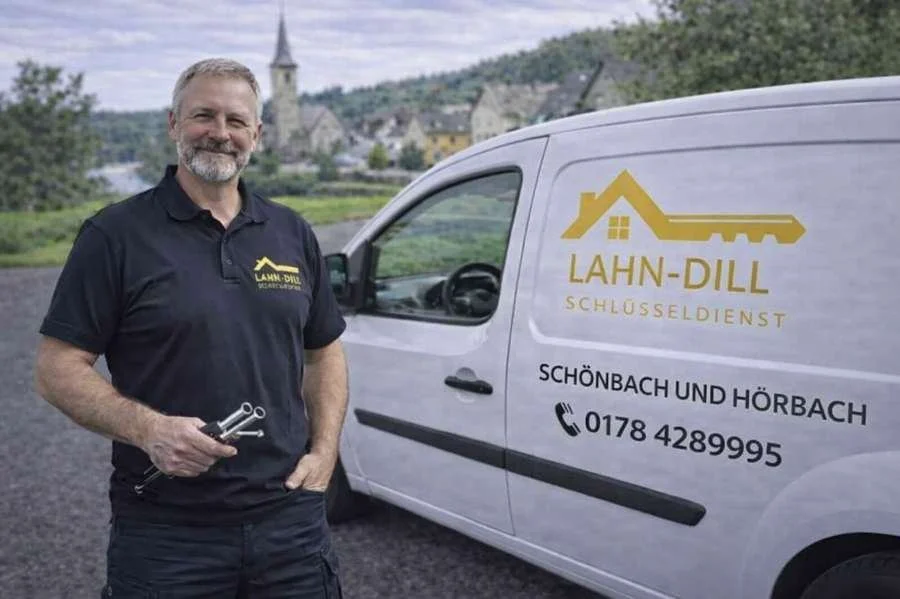 Monteur vom Schlüsseldienst Schönbach und Hörbach vor Servicefahrzeug mit Schlüssel in der Hand