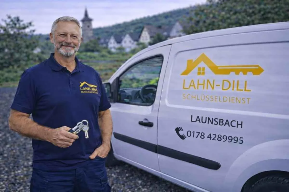 Schlüsseldienst Launsbach Monteur mit Schlüsselbund vor Servicefahrzeug im Einsatzgebiet