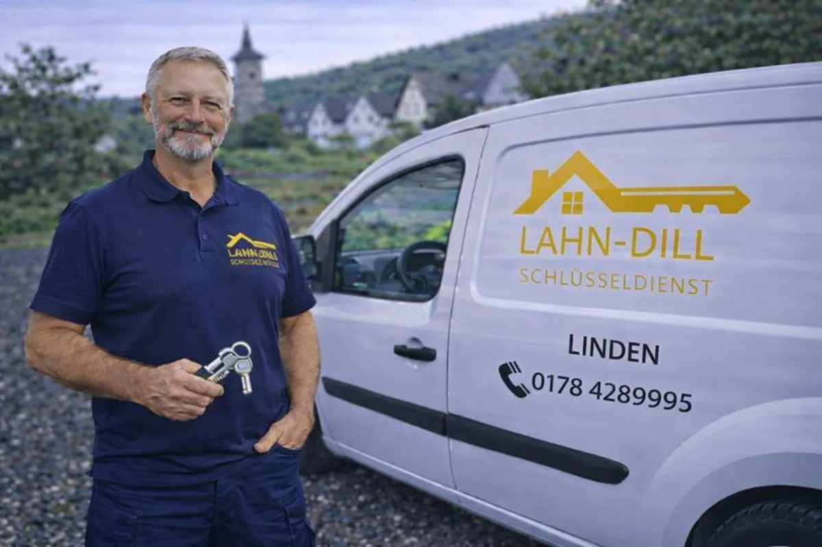 Schlüsseldienst Linden – freundlicher Monteur mit Schlüsselbund vor Servicefahrzeug im Lahn-Dill-Kreis