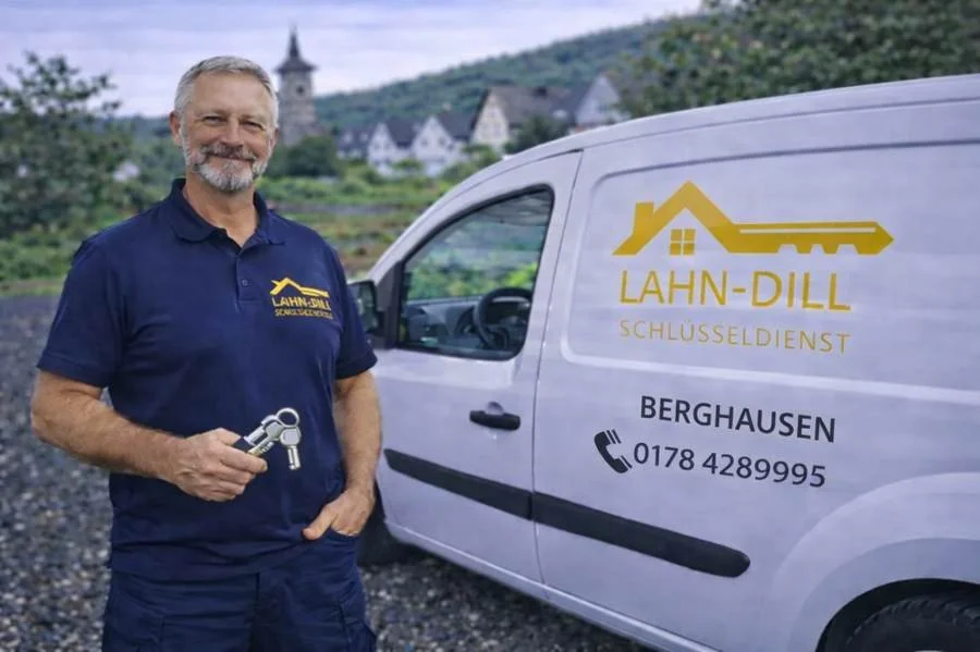 Schlüsseldienst Berghausen – Monteur mit Schlüssel vor Servicefahrzeug des LDK Schlüsseldienstes
