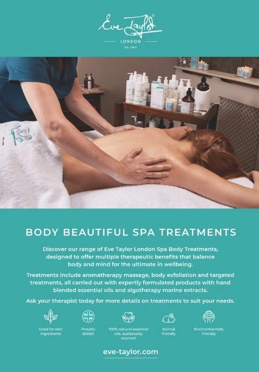 A person receiving a back massage at Eve Taylor London spa, with various skincare bottles and products on a shelf behind them.