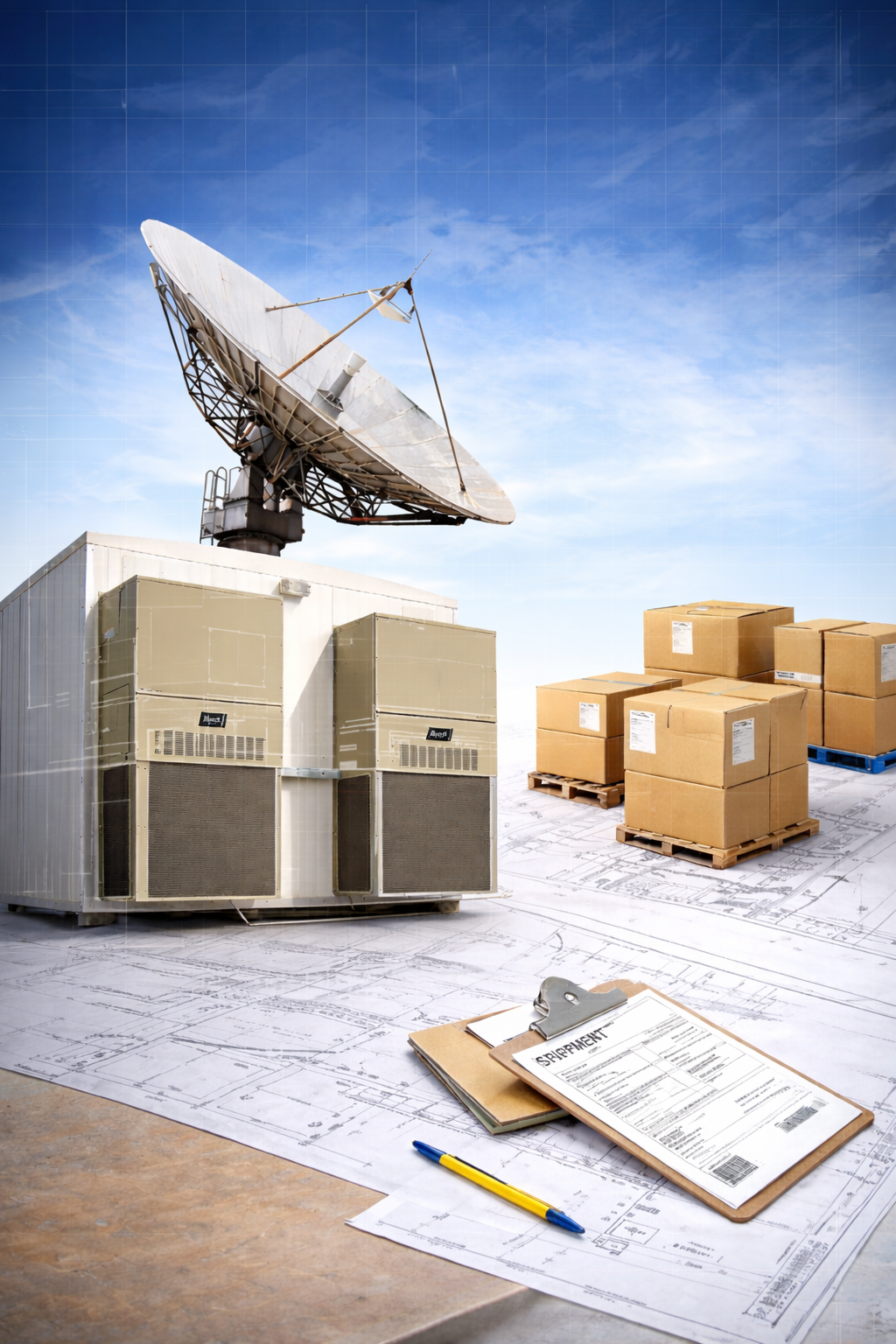 Satellite dish on top of a building with air conditioning units, boxes on pallets, and blueprints on a rooftop under a partly cloudy sky.