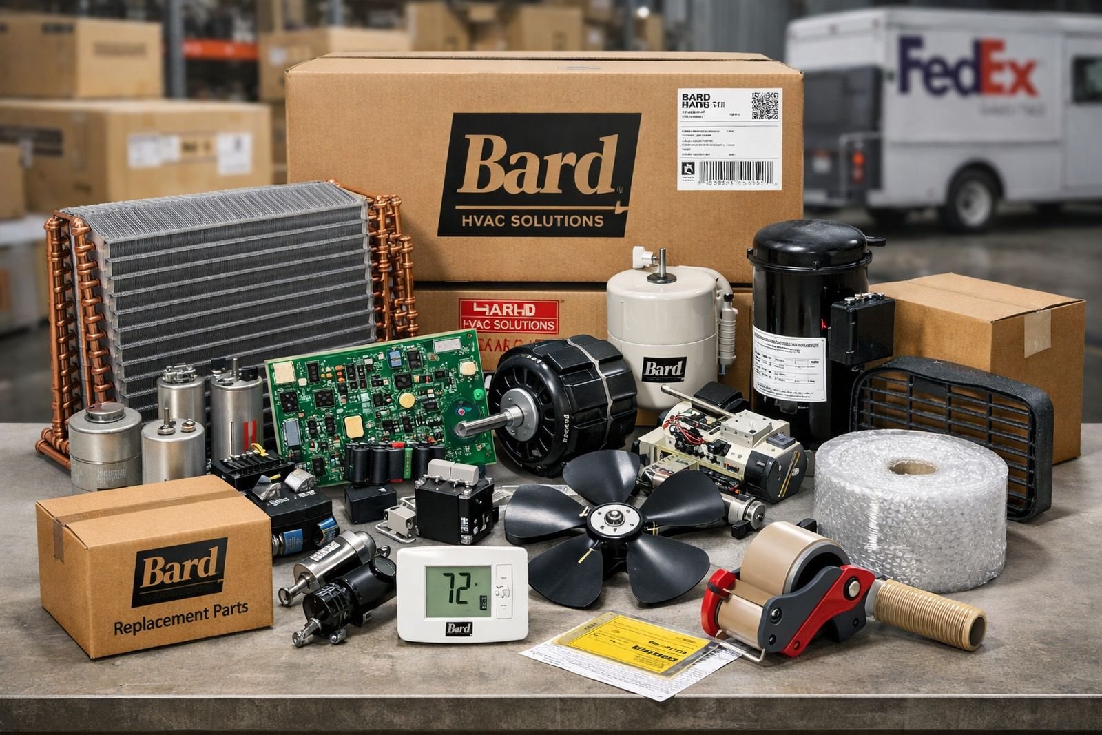 Collection of HVAC replacement parts and components including a compressor, fan blade, circuit boards, filters, and various small mechanical parts on a work table with a FedEx truck in the background.