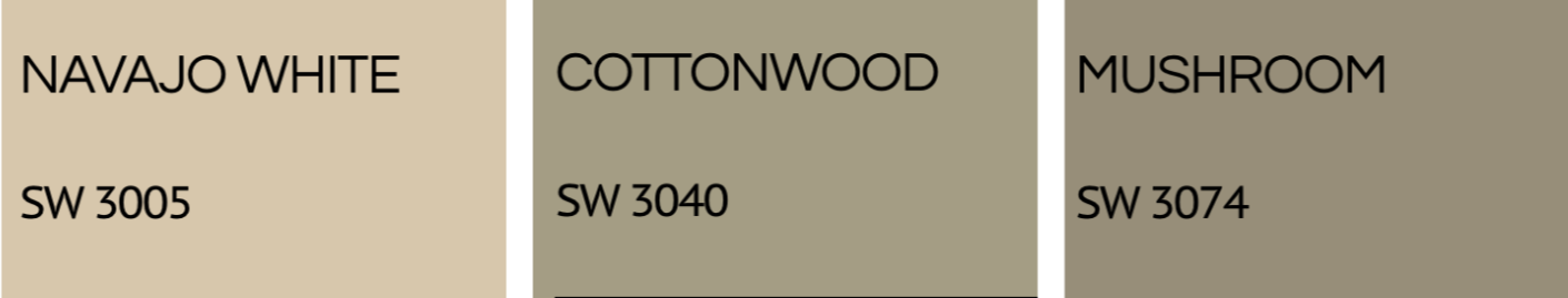 A color palette featuring three shades: Navajo White, Cottonwood, and Mushroom, each with their respective color codes SW 3005, SW 3040, and SW 3074.
