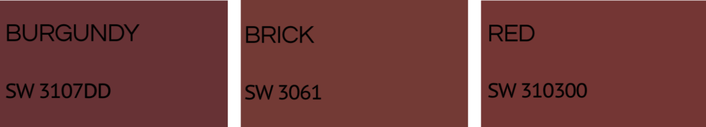 Three color swatches labeled Burgundy, Brick, and Red with their respective color codes.