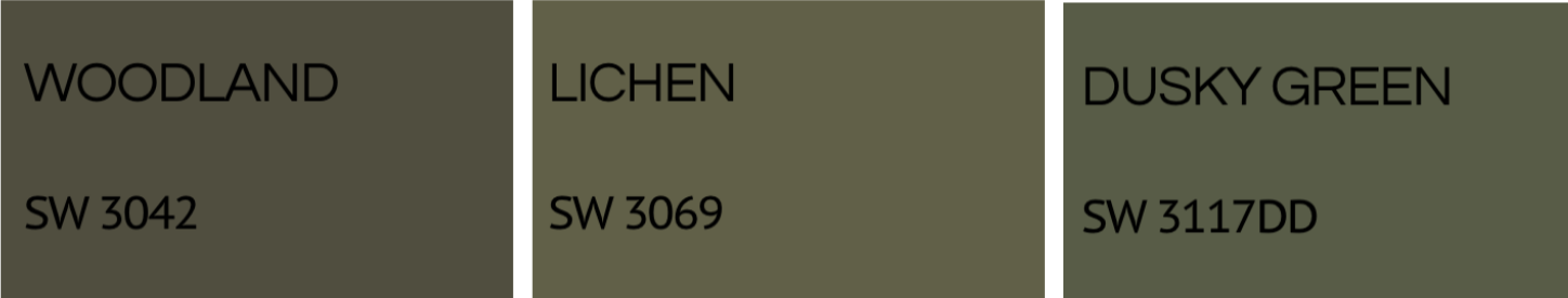 A color palette showing three colors: Woodland, Lichen, and Dusky Green with their respective color swatches and paint codes SW 3042, SW 3069, and SW 3117DD.