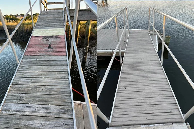 Comparison of two boat docks, one older with worn, weathered wood and faded paint, the other newer with clean, well-maintained wood.