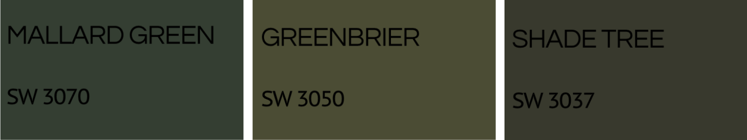Comparison of three paint colors: Mallard Green, Greenbrier, and Shade Tree, each with their color swatch and shade code.
