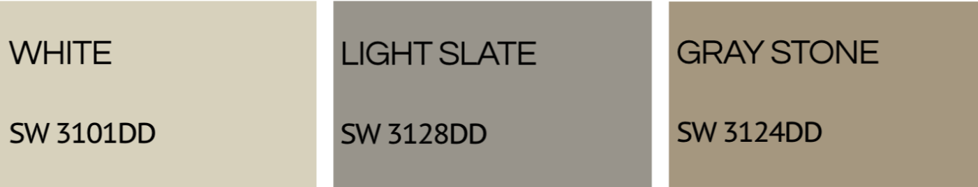 Comparison chart of three types of bricks: White, Light Slate, and Gray Stone, with respective color swatches and codes SW 3101DD, SW 3128DD, and SW 3124DD.