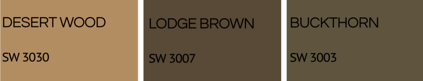 Comparison chart showing three shades of brown labeled as Desert Wood, Lodge Brown, and Buckthorn with their respective color codes SW 3030, SW 3007, and SW 3003.