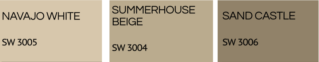 Sample color palette with three swatches, labeled Navajo White, Summerhouse Beige, and Sand Castle, each with respective codes SW 3005, SW 3004, SW 3006.