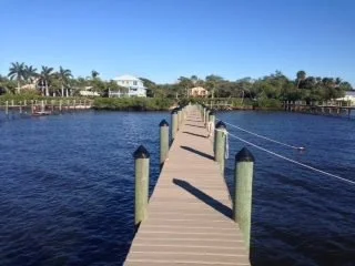 A wooden dock extends into a body of water with houses and trees in the background under a clear blue sky.