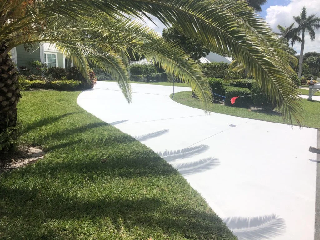 Curved concrete sidewalk in front of a house with green lawn, palm trees, and bushes, under a partly cloudy sky.