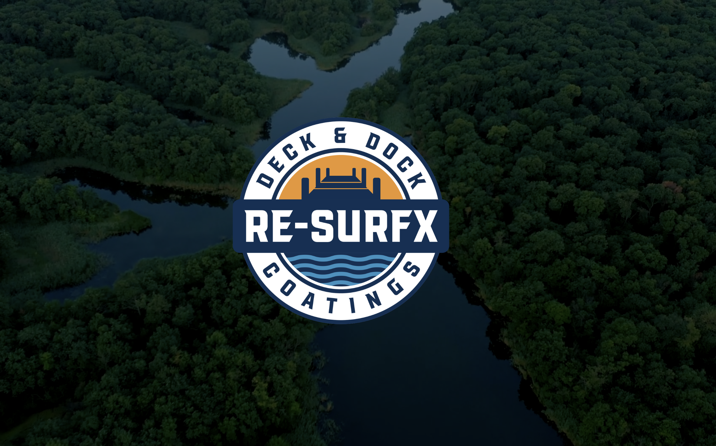 Aerial view of a river winding through a dense forest with an overlayed logo reading 'Deck & Dock Re-Surf Coatings' with waves, dock, and water icons.