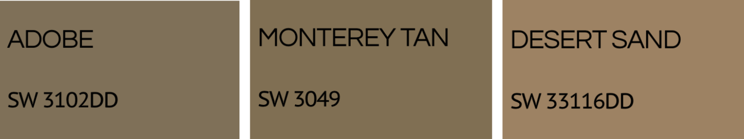 Three color swatches labeled from left to right: 'Adobe' in taupe, 'Monterey Tan' in darker taupe, and 'Desert Sand' in medium tan, with their respective color codes.