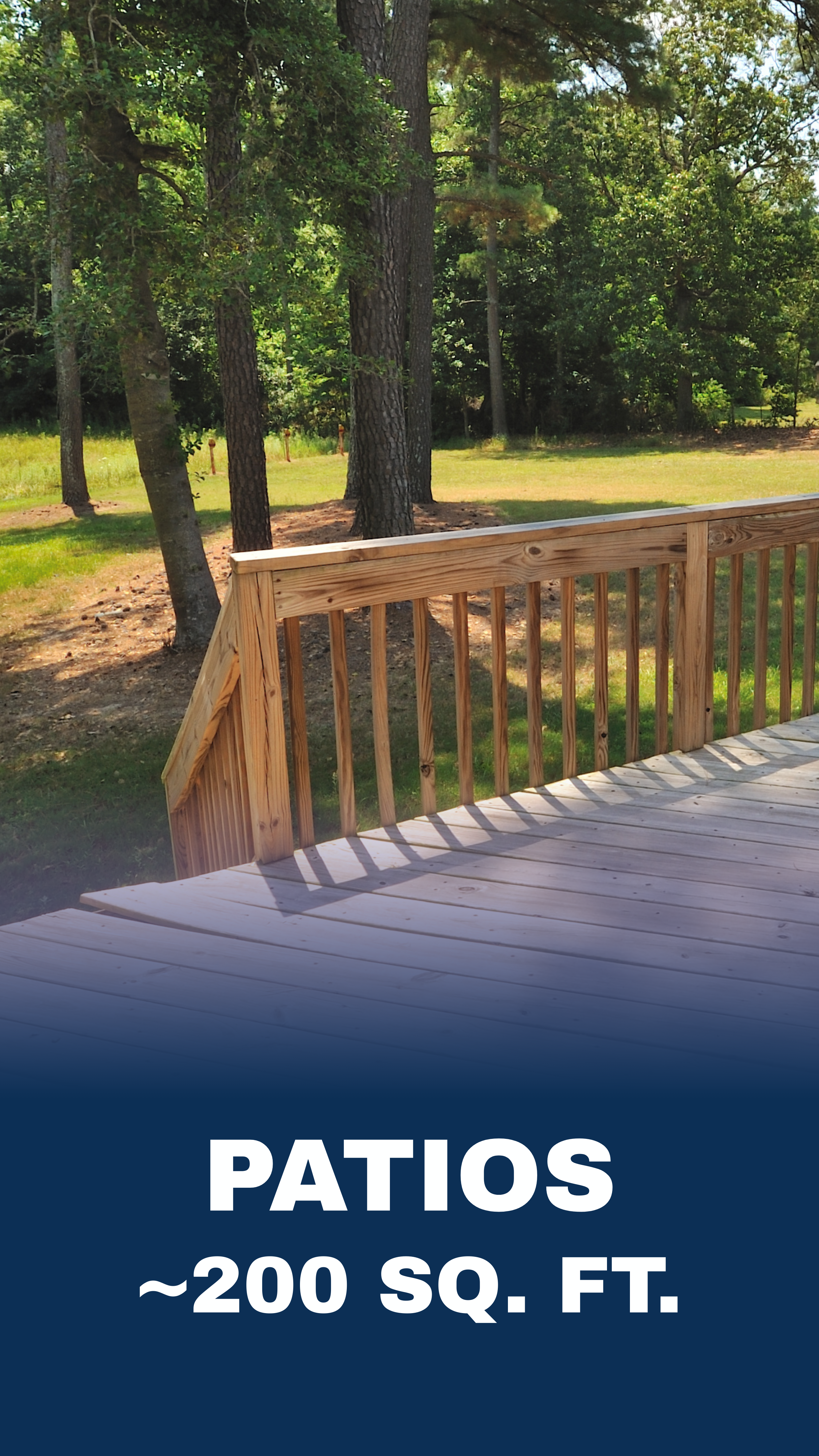A wooden deck overlooking a green, wooded backyard with tall trees and grass, with a sign: 'Patios ~200 sq. ft.'