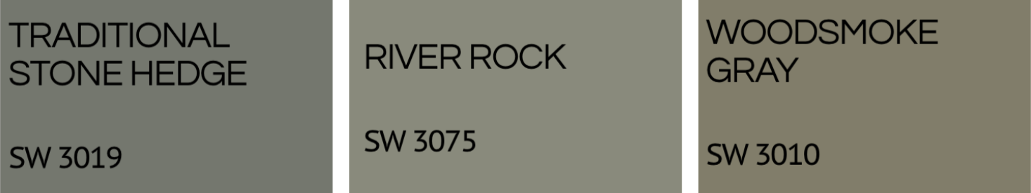 Comparison chart of three types of landscape paint colors: Traditional Stone Hedge in SW 3019, River Rock in SW 3075, and Woodsmoke Gray in SW 3010.