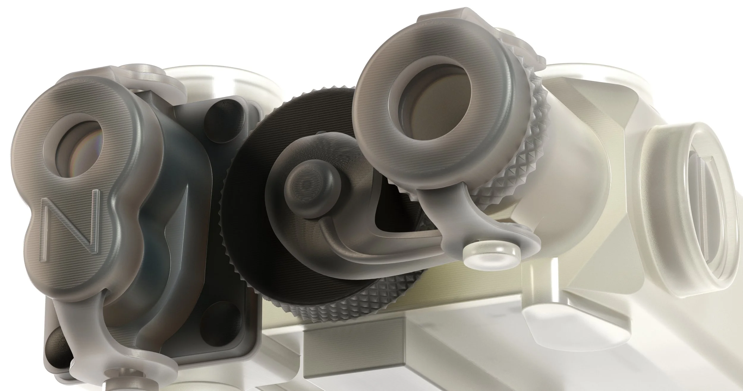 Multiple sealed contact lens cases in white and black with touch-up applicators scattered on a surface.