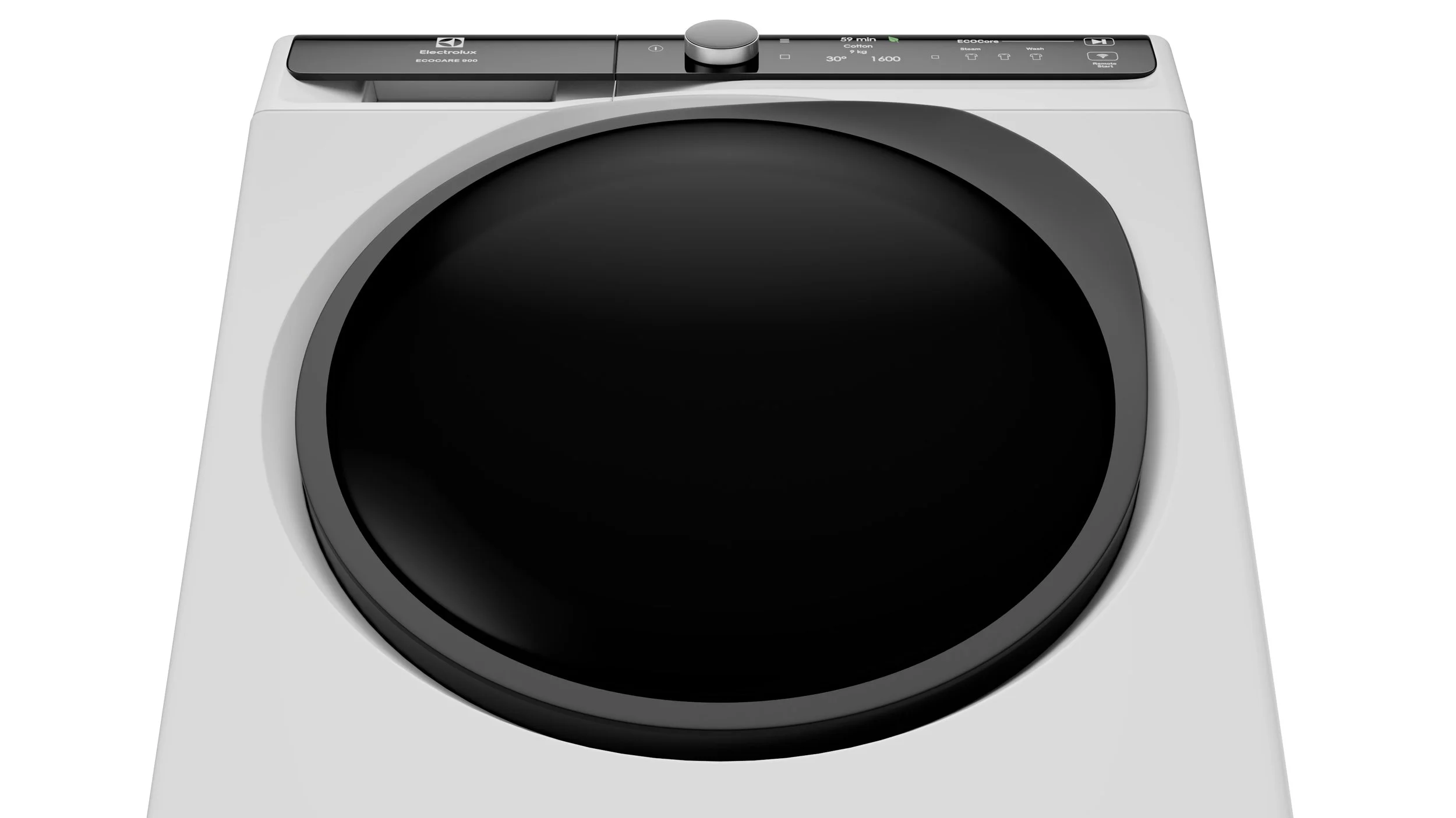 Front view of a modern washing machine with a digital control panel on top and a large black door.