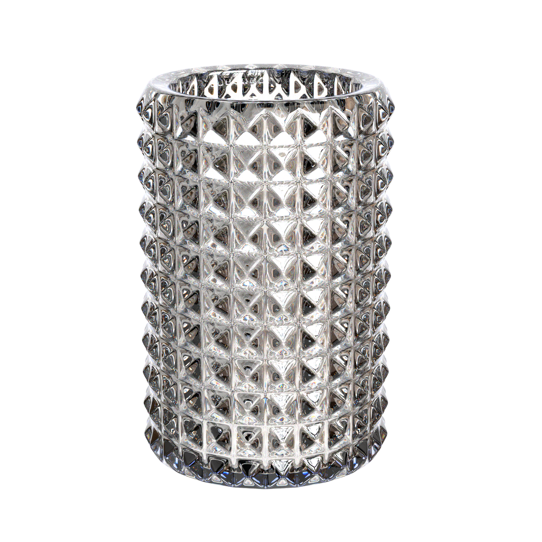 A clear, cut-glass cylindrical vase with a geometric diamond pattern design.
