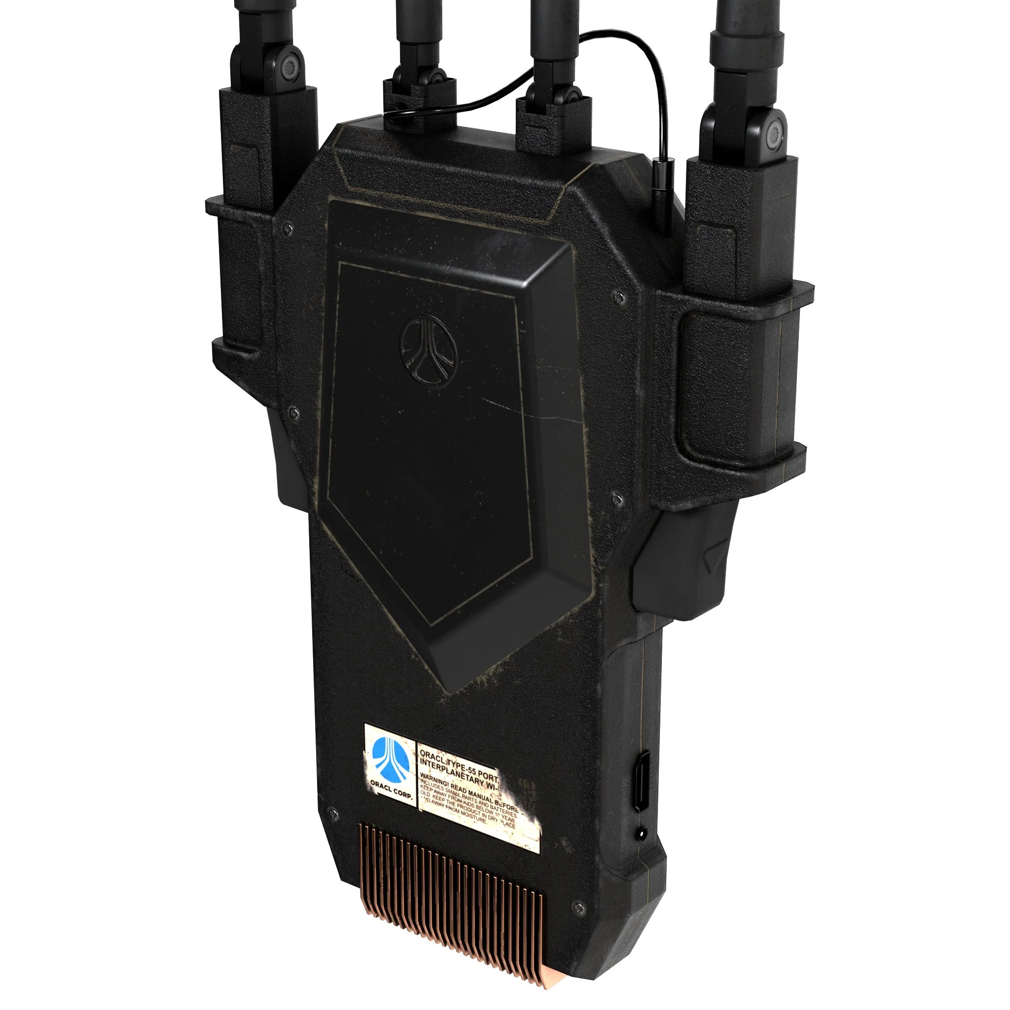 Black military-grade handheld radio device with a screen, multiple antennas, and a label at the bottom.