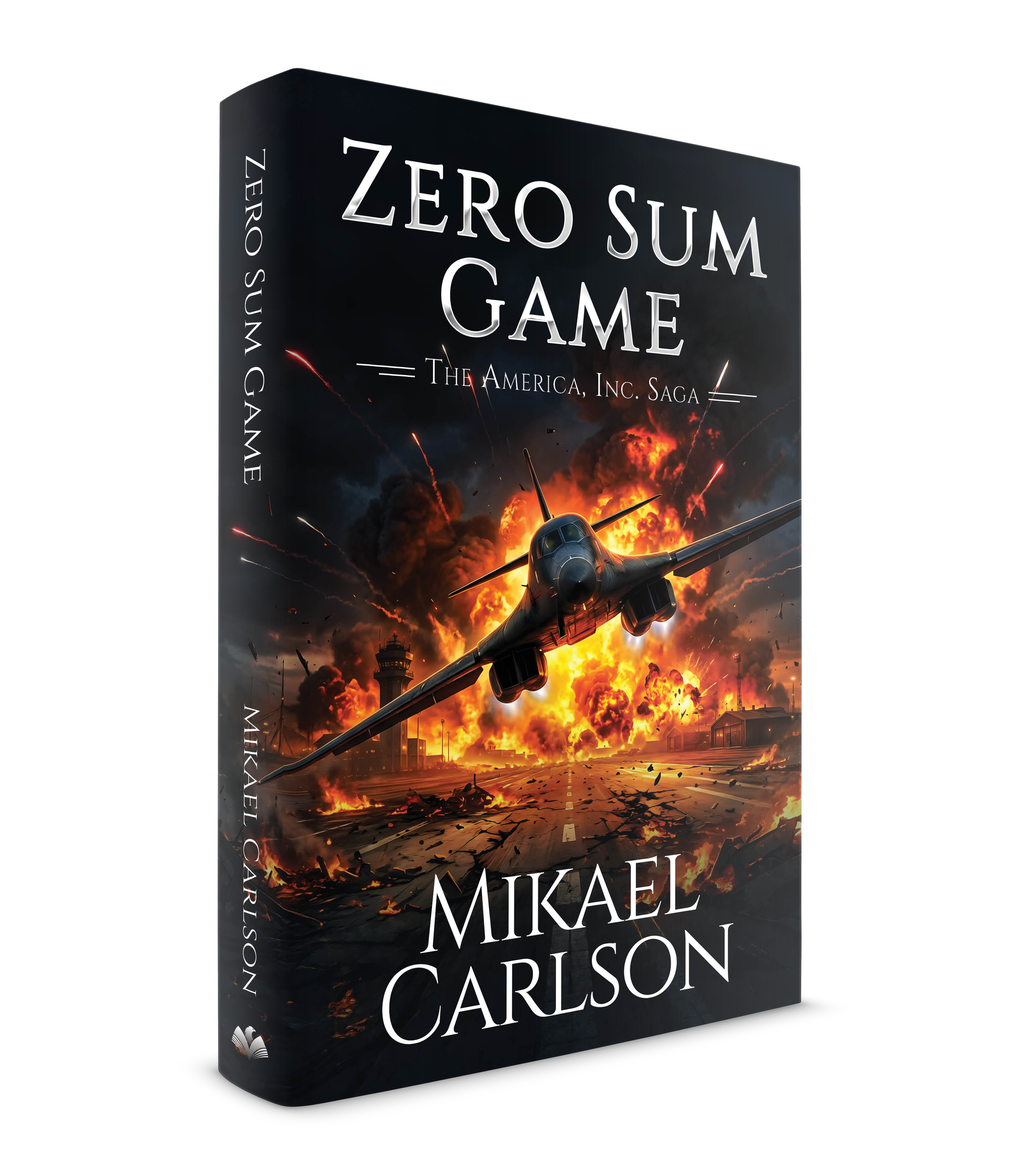 Book cover titled 'Zero Sum Game' by Michael Carlson illustrating an airplane flying away from an explosion on a runway.
