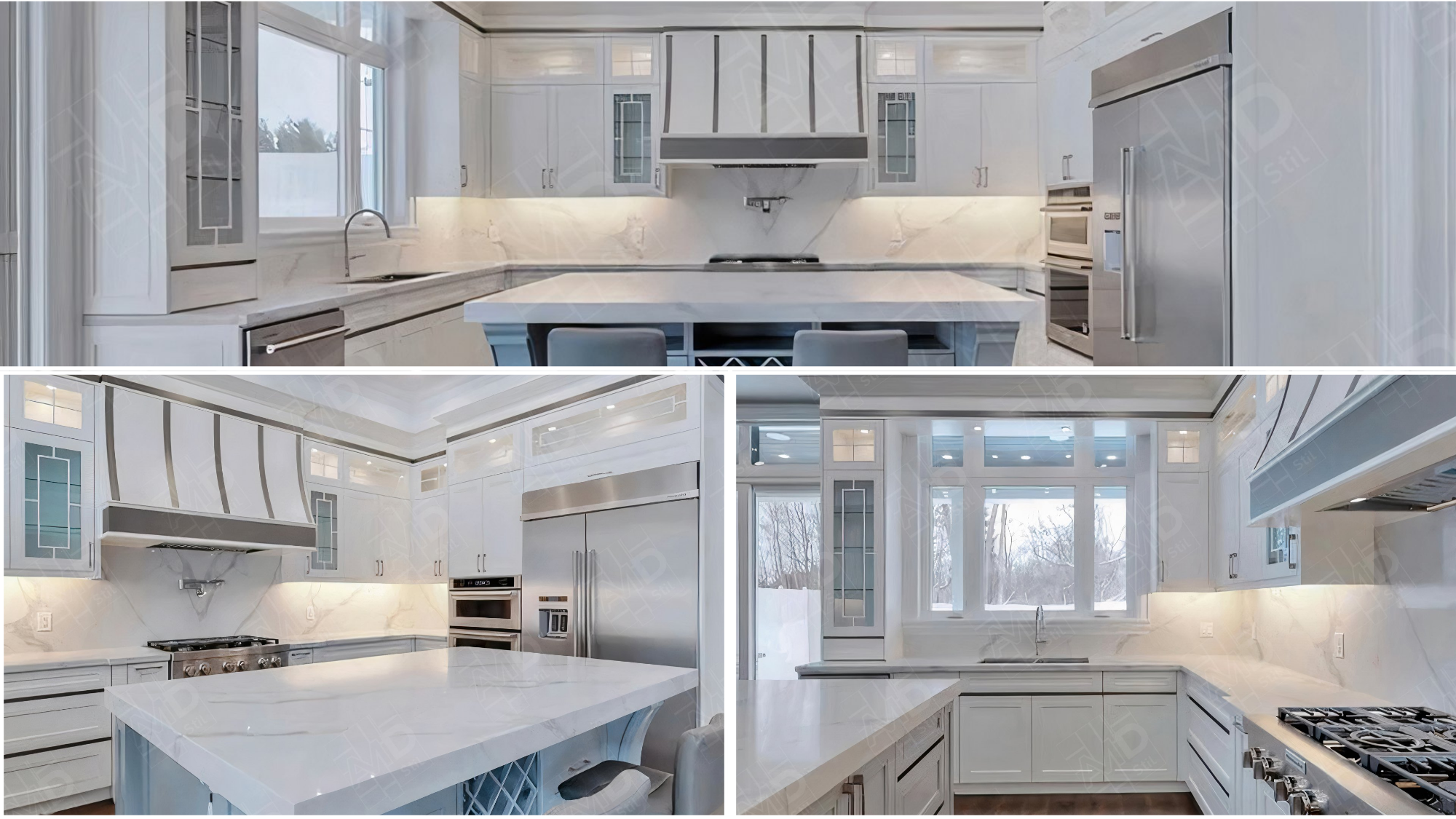 Modern white kitchen with marble countertops, stainless steel appliances, and large windows providing natural light. Features include an island, gas range, built-in ovens, and glass-front upper cabinets.