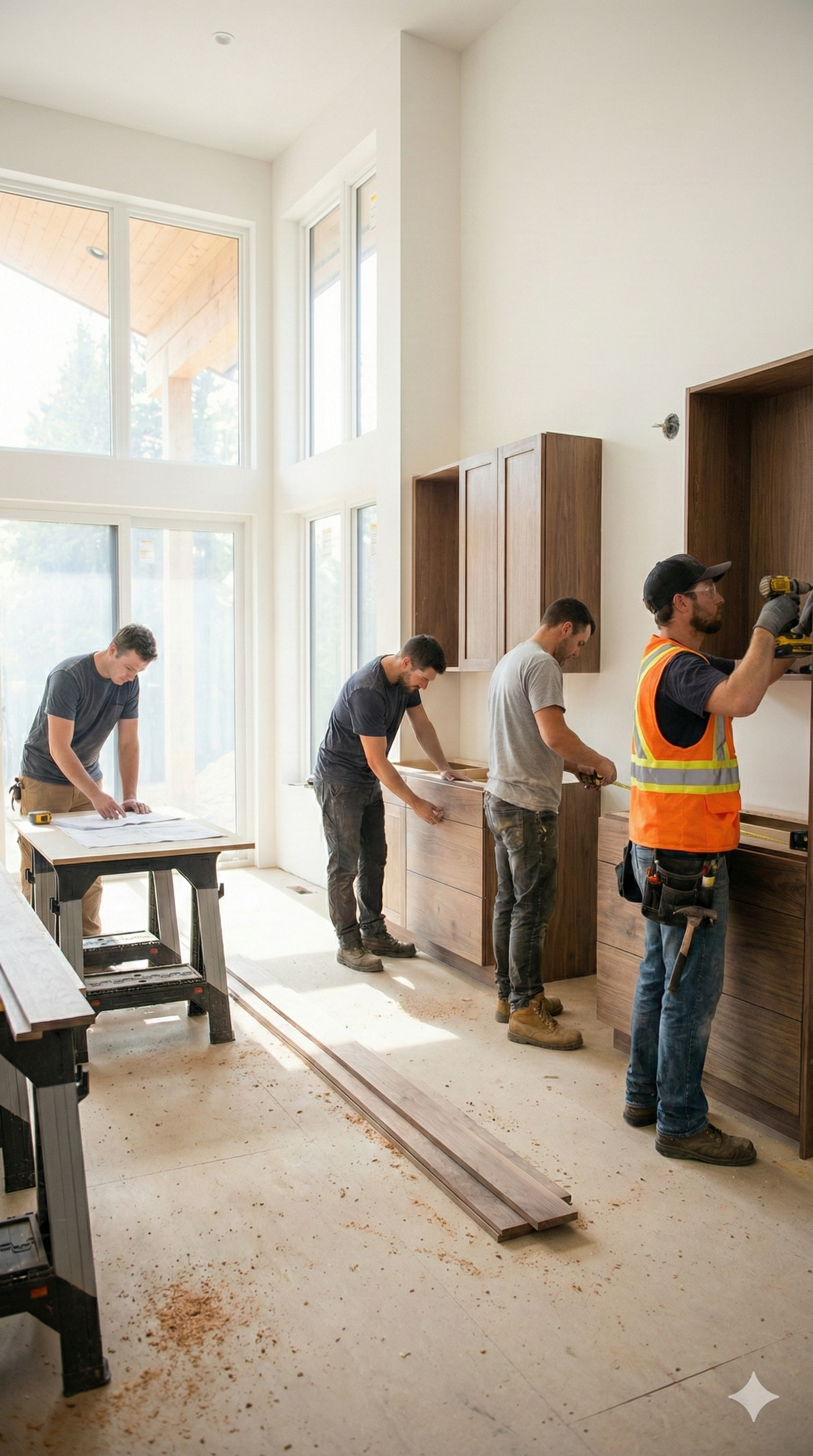 Workers installing wooden cabinets in a bright, modern kitchen with large windows and light-colored walls.