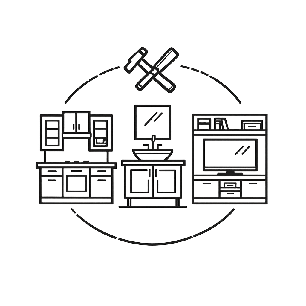 Line drawing of a kitchen wall with a clock, bathroom sink, and TV, connected by dashed lines, above a hammer and wrench.