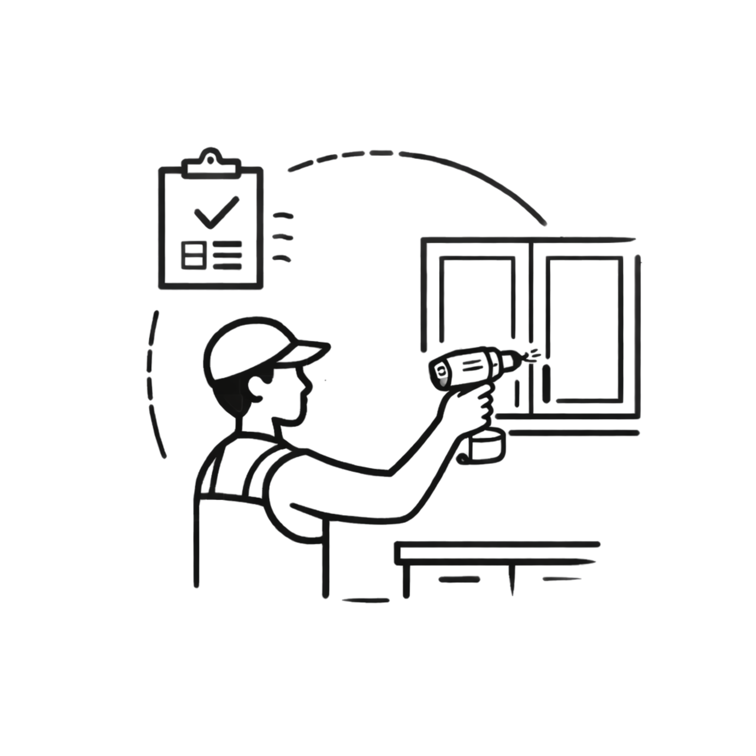 Line drawing of a person using a cordless drill to install or repair a window, with a checklist icon above.