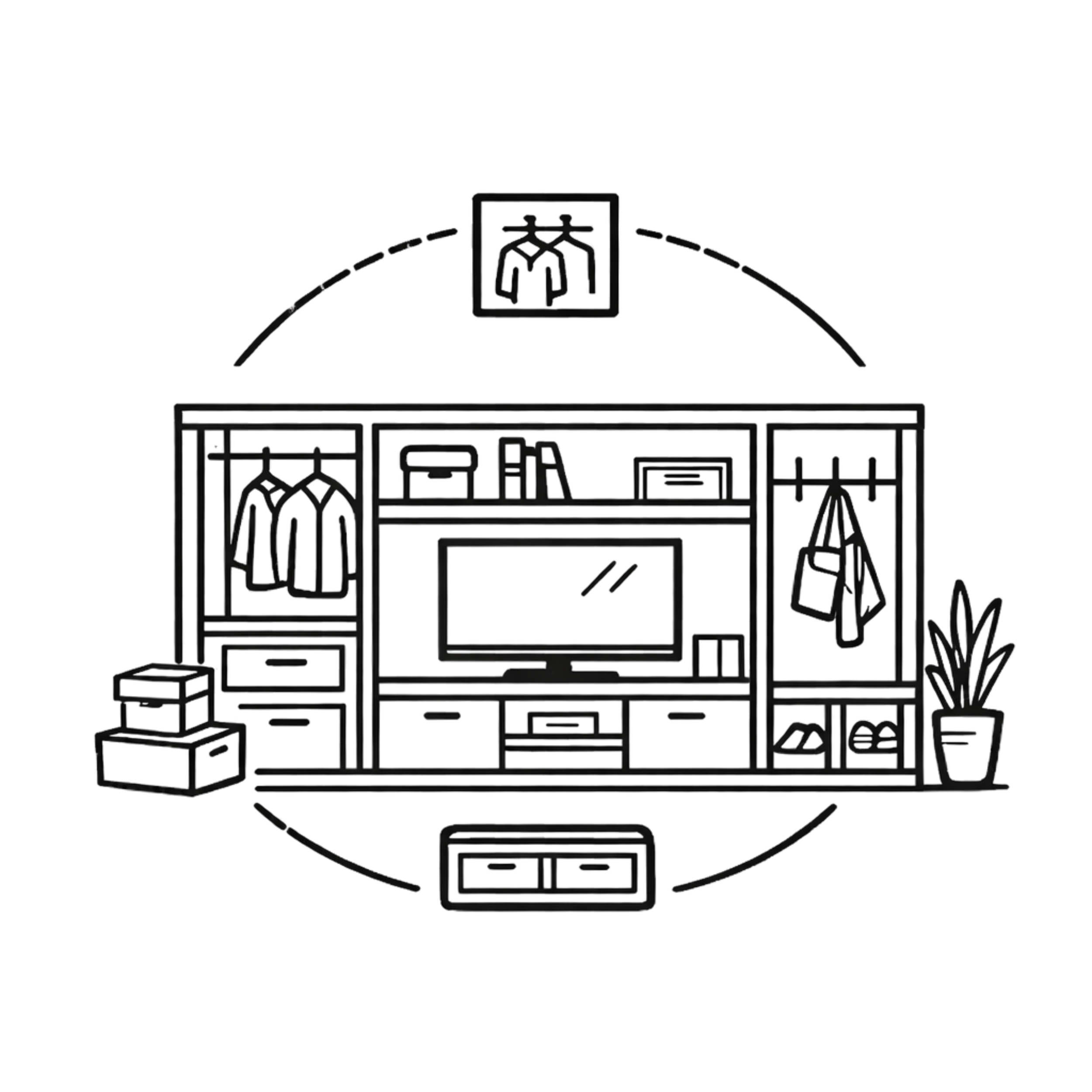 Line drawing of a clothing and entertainment unit with a TV, clothing racks, shelves with books and boxes, plant, and decorative items, all enclosed within a circle.