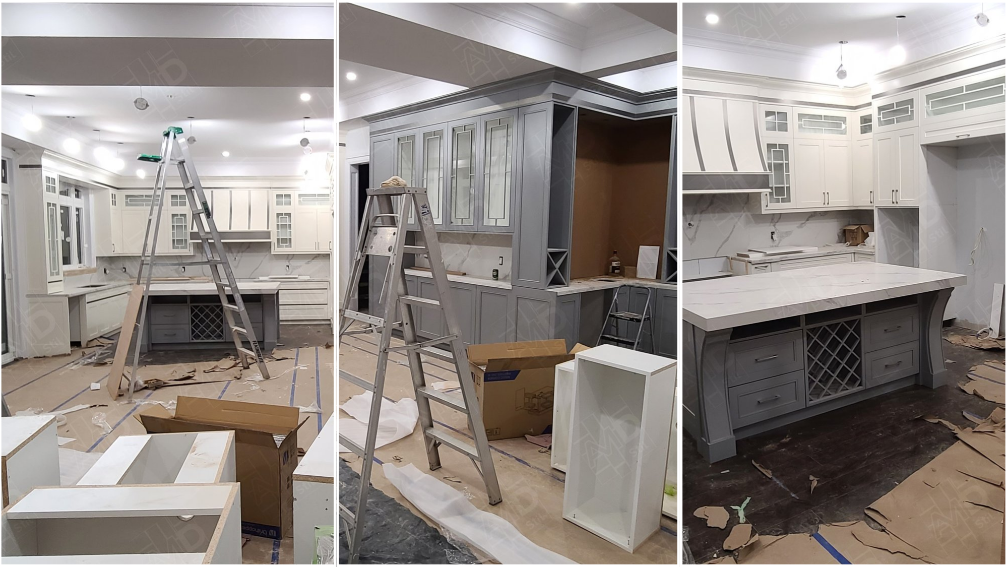 Kitchen renovation in progress with white cabinetry, marble countertops, and construction tools like ladders and boxes scattered around.