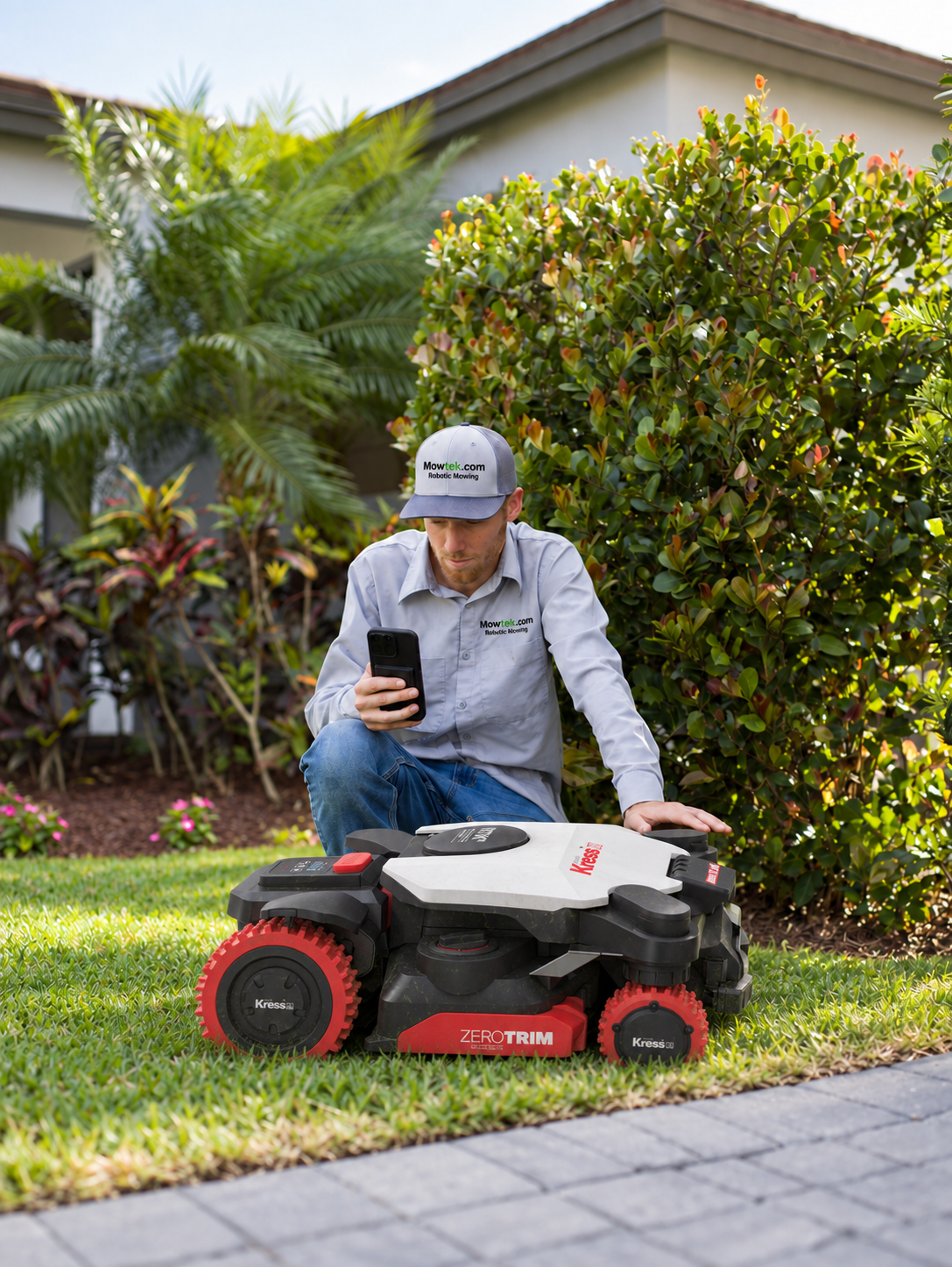 Tyler Reiter of Mowtek kneeling beside a Kress KR286 all-wheel-drive robotic mower.