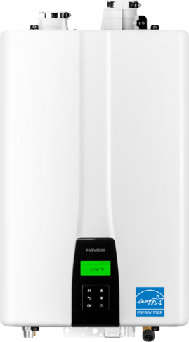 A white Navien tankless water heater with a digital display showing 120°F and energy star certification label.