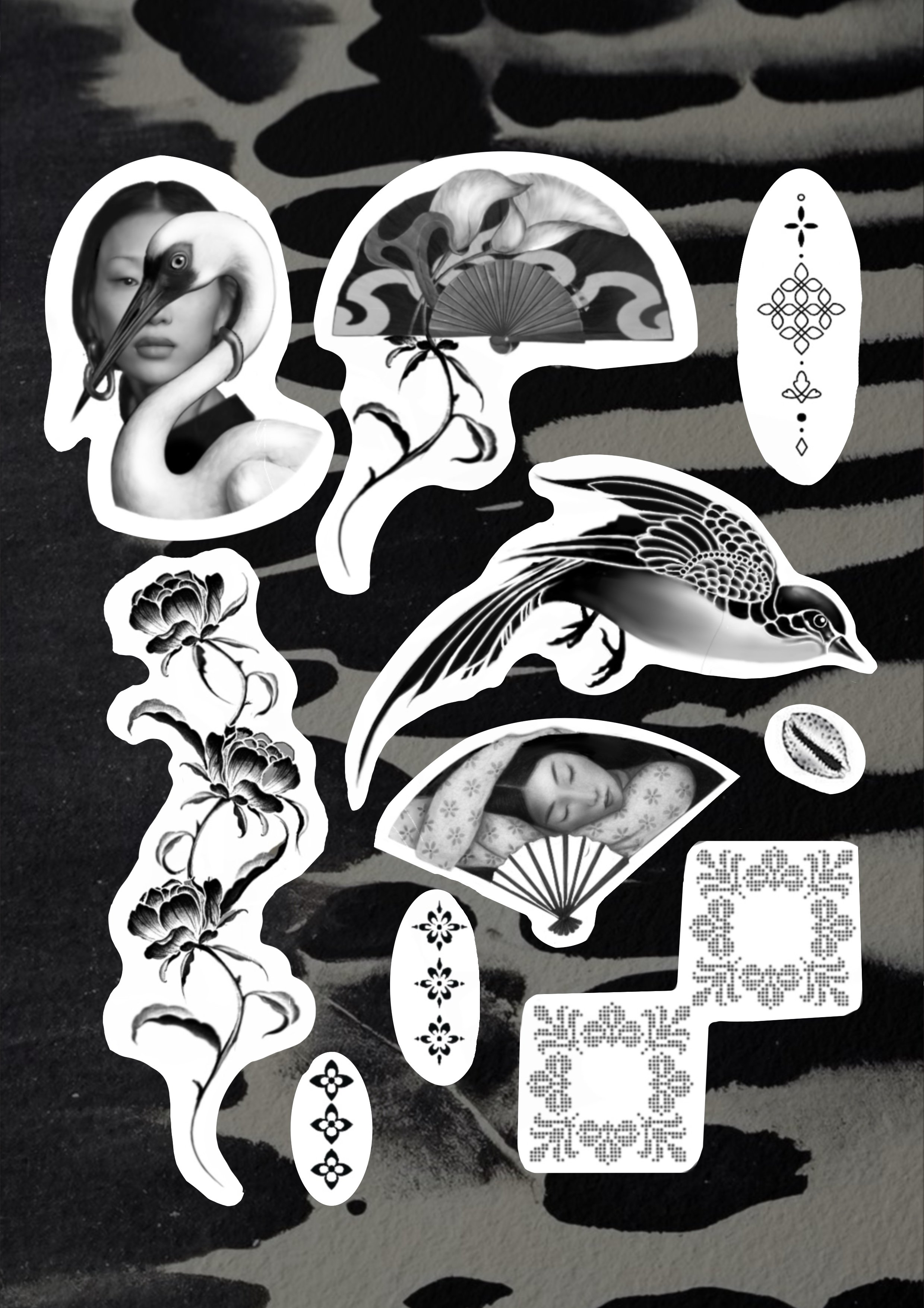 Group of black and white stickers on a zebra print background, including a woman with a bird mask, a swan, a hand fan, a bird, a sleeping woman with a fan, floral designs, and decorative patterns.