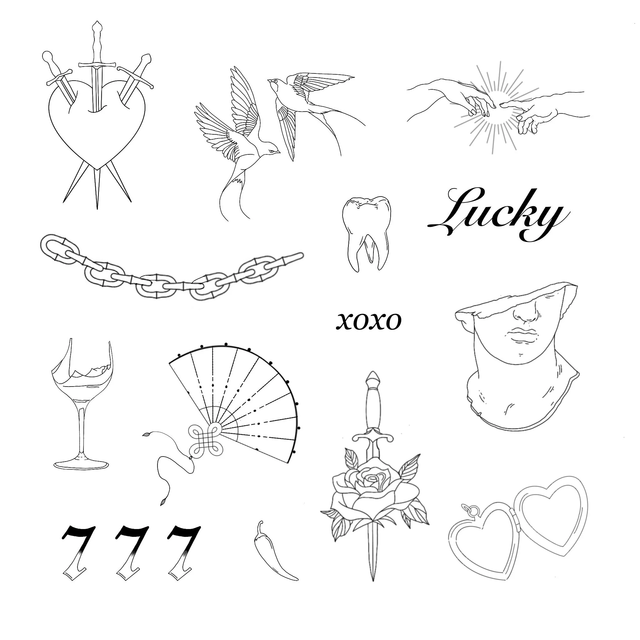 Line art illustrations of a heart with swords, three flying birds, two hands reaching towards each other, a chain, a tooth, the word "Lucky" in cursive, the word "xoxo", a wine glass, a folding fan with a snake, a dagger through a rose, three number sevens, a chili pepper, a face mantle, and a pair of heart-shaped earrings.